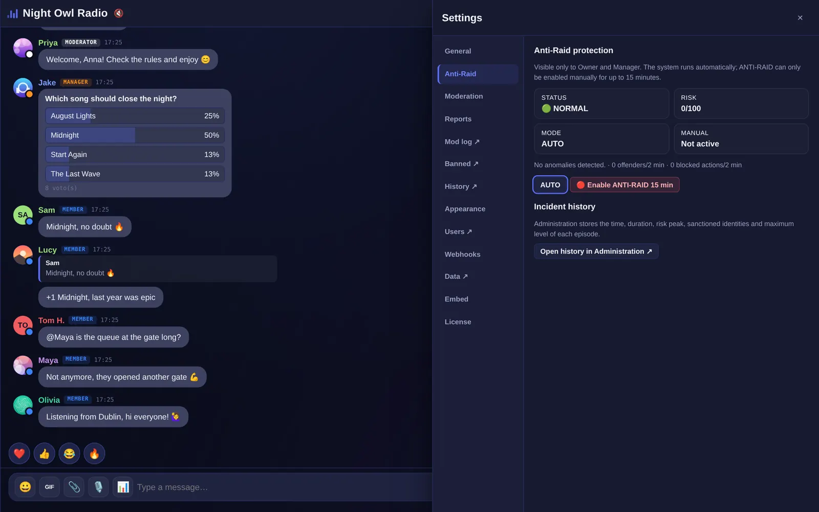 Parlo anti-raid panel showing the current level, the risk and the incident history