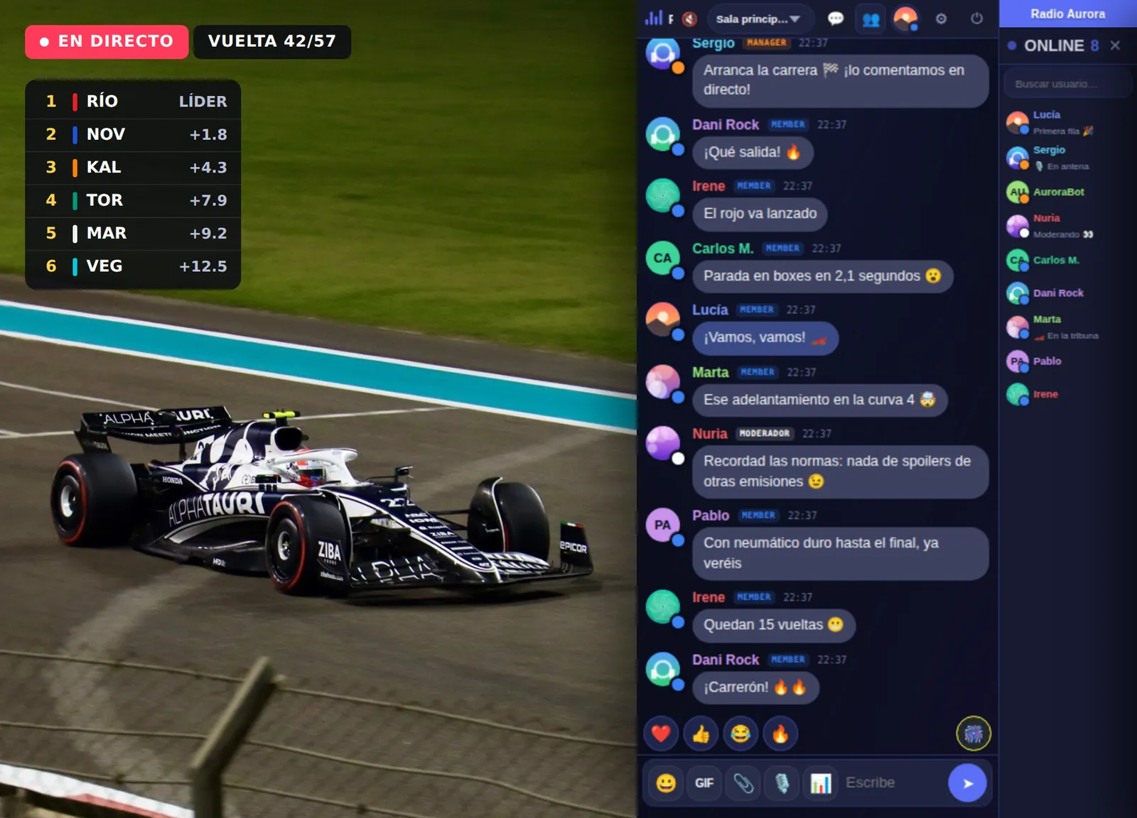 Chat de Parlo junto a la retransmisión en directo de una carrera de monoplazas, con mensajes de los aficionados, fotos de perfil y lista de conectados